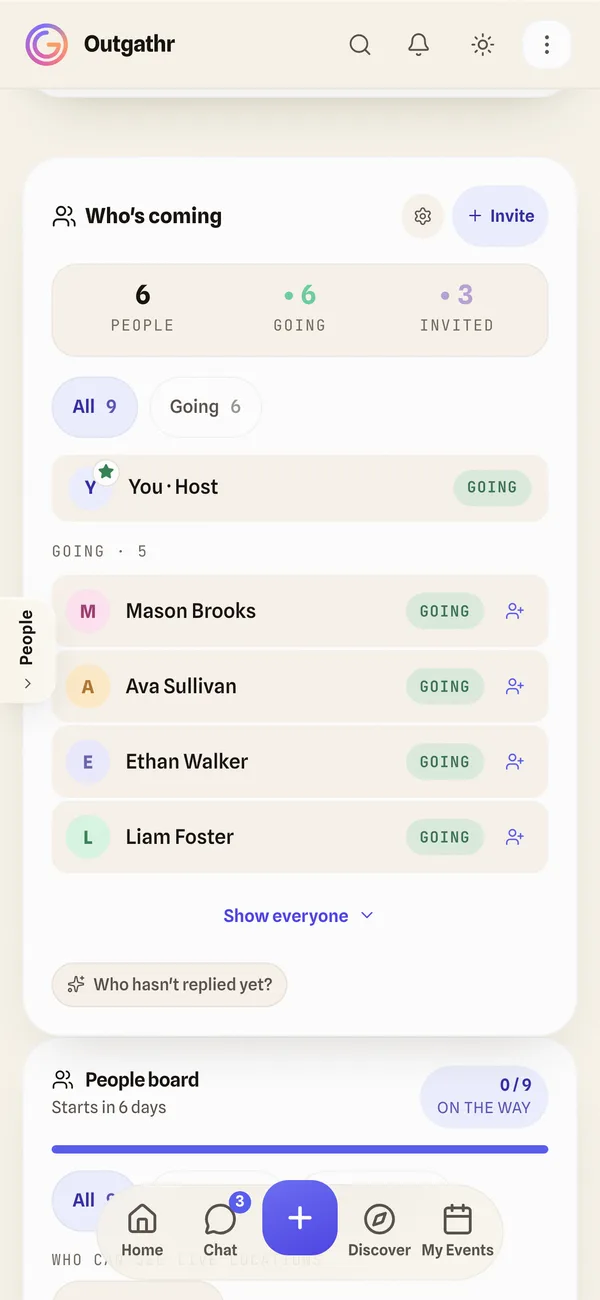 The guest list showing who is going and who has not replied yet